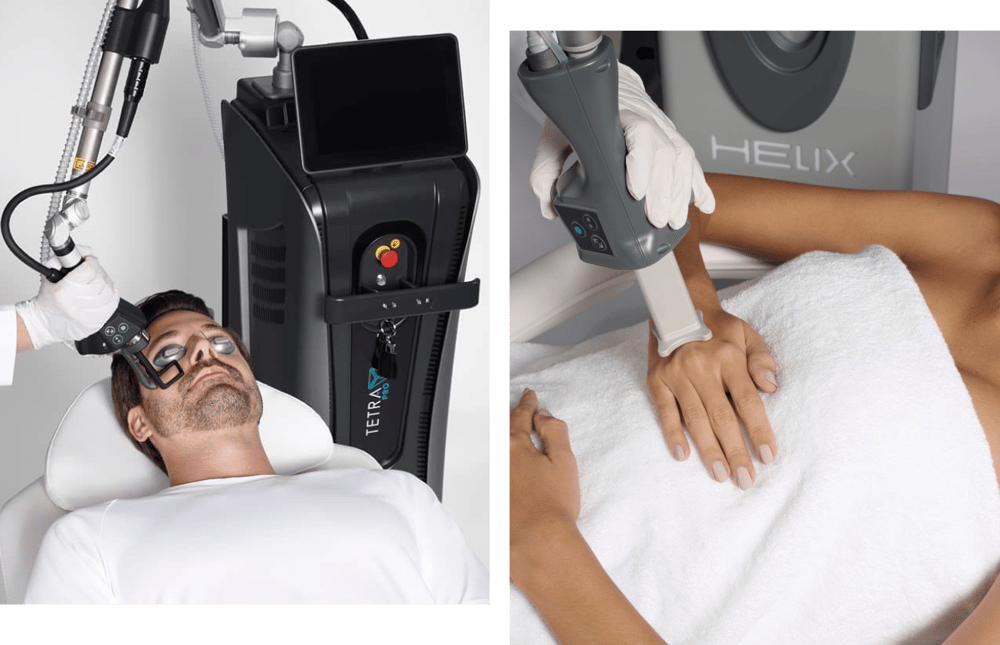 Man and woman receiving coolpeel treatment on hand and face